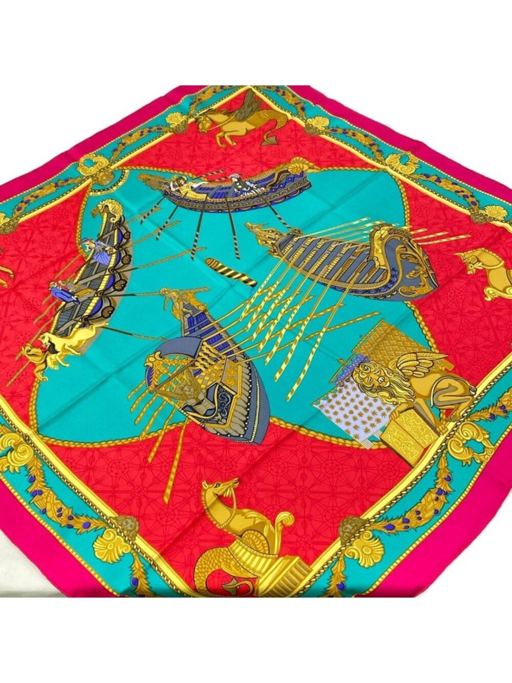 Hermes Scarf Carre 90 Red Green Multi les Bissone de Venise